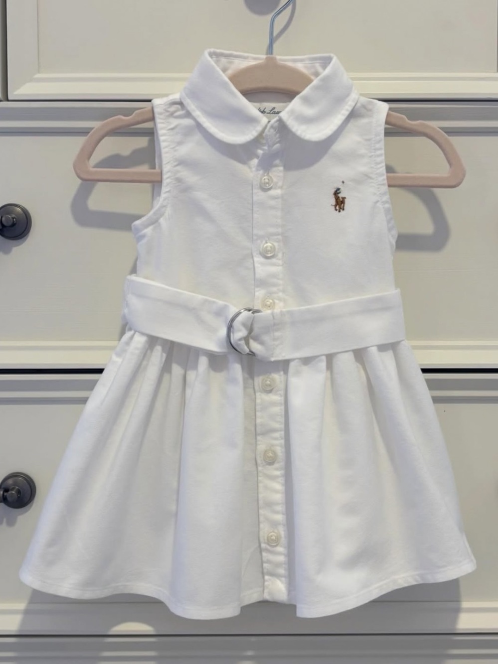 EUC Ralph Lauren Baby Girl White Sleeveless Belted Polo Dress - Size 3 Months
